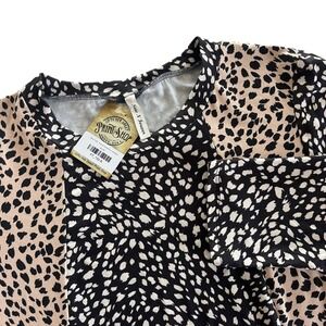 Now N Forever Women's Sm Black Tan White Animal Print Long Sleeve Top Tunic Boho